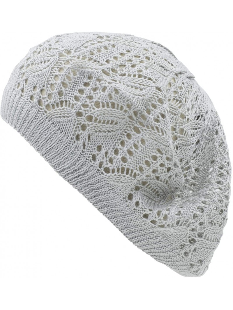 Berets Womens Lightweight Cut Out Knit Beanie Beret Cap Crochet Hat - Many Styles - Light Gray Leaf - CF12LCQ62R7 $14.10