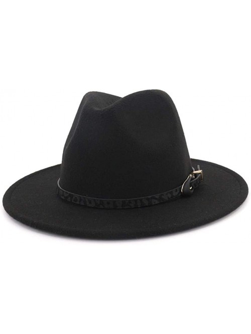 Fedoras Womens Wide Brim Felt Fedora Hat Ladies Panama Hat with Belt Buckle - Black - CS18IWTNQSZ $16.77