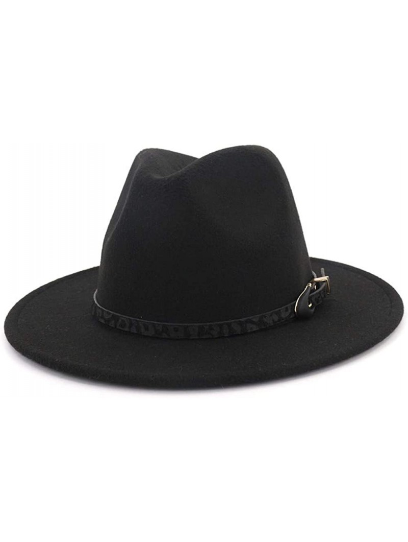 Fedoras Womens Wide Brim Felt Fedora Hat Ladies Panama Hat with Belt Buckle - Black - CS18IWTNQSZ $16.77