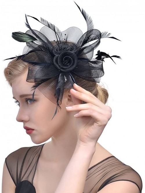 Berets Women's Fascinator Hat Flower Bead Pillbox Hat Bowler Feather Flower Hair Clip Wedding Party Hat - Black - C218EEGTYSW...