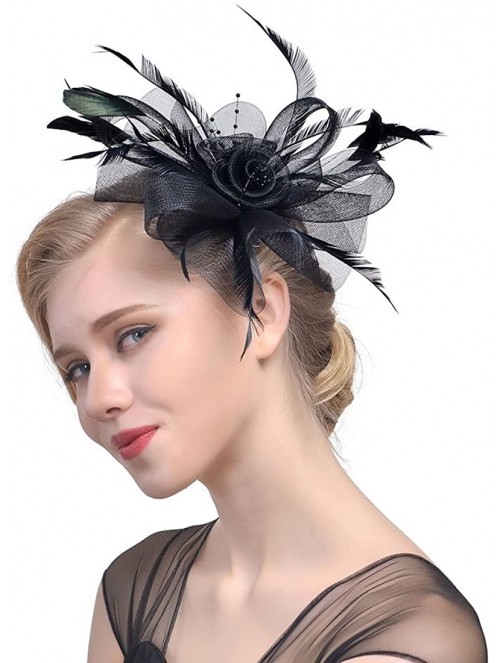 Berets Women's Fascinator Hat Flower Bead Pillbox Hat Bowler Feather Flower Hair Clip Wedding Party Hat - Black - C218EEGTYSW...