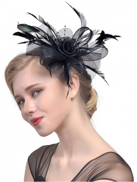 Berets Women's Fascinator Hat Flower Bead Pillbox Hat Bowler Feather Flower Hair Clip Wedding Party Hat - Black - C218EEGTYSW...