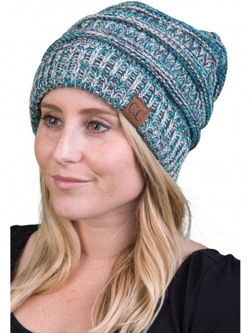 Skullies & Beanies Trendy Warm Chunky Soft Marled Cable Knit Slouchy Beanie - Four Tone Mix 3 - Turquoise- Beige- Ivory- Blac...