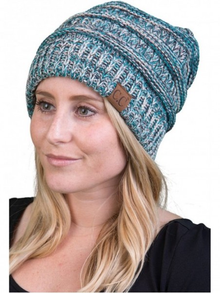 Skullies & Beanies Trendy Warm Chunky Soft Marled Cable Knit Slouchy Beanie - Four Tone Mix 3 - Turquoise- Beige- Ivory- Blac...