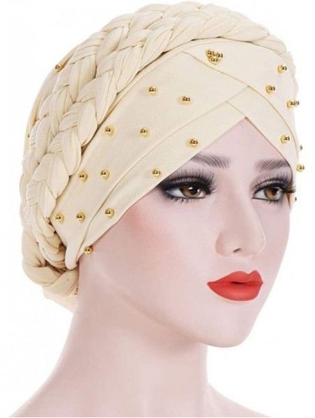 Skullies & Beanies Double Braid Turban Cotton Chemo Cancer Cap Muslim Hat Stretch Hat Head Wrap Cap for Women - Beige - CM18W...