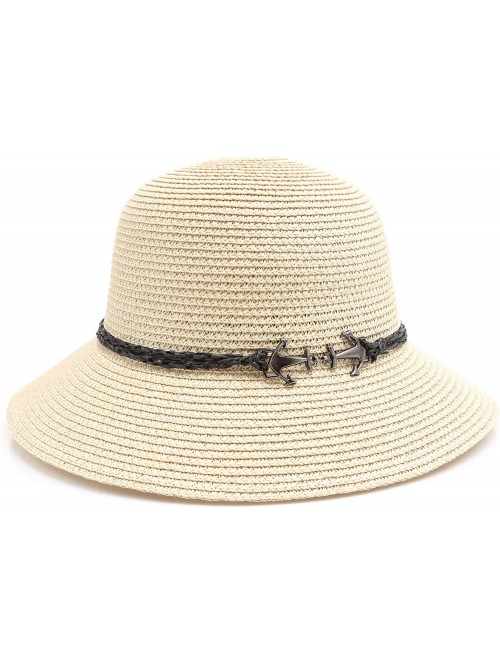 Fedoras Women's Summer Straw Sun Beach Fedora Hat with Band - Anchor-beige - CM18D44L8WQ $11.27