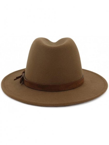 Fedoras Women Men Wide Brim Felt Wool Fedora Hat with Belt Buckle - Khaki - CG18X5UXTQ9 $18.80