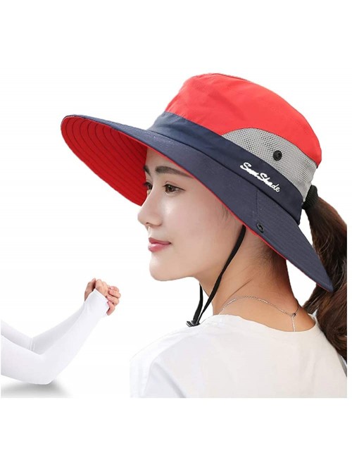 Sun Hats Women's Summer Sun UV Protection Hat Foldable Wide Brim Boonie Hats with Ponytail Hole - Red / Navy - CL18T2CO065 $1...