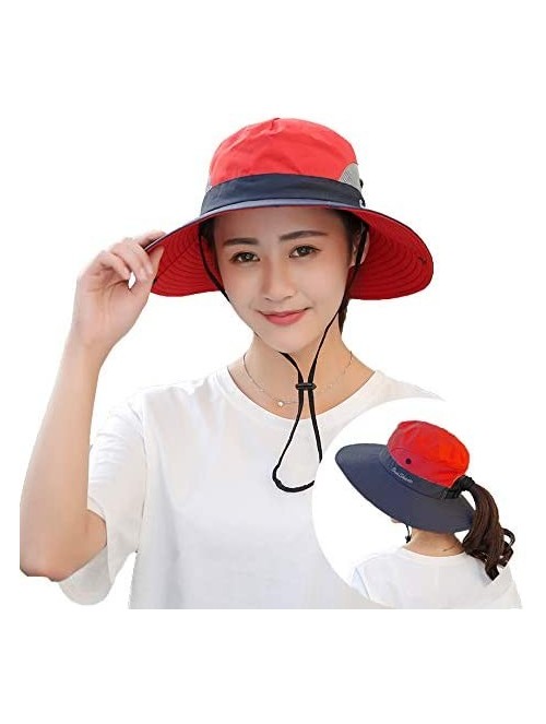 Sun Hats Women's Summer Sun UV Protection Hat Foldable Wide Brim Boonie Hats with Ponytail Hole - Red / Navy - CL18T2CO065 $1...