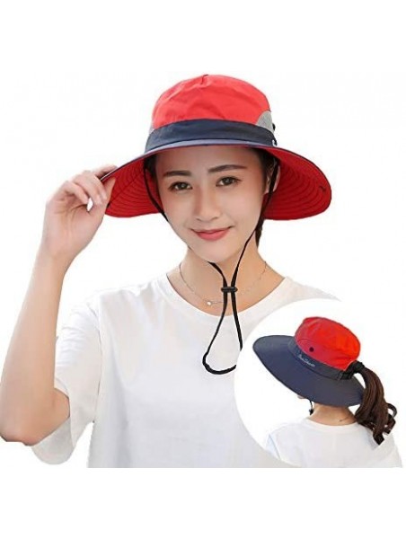 Sun Hats Women's Summer Sun UV Protection Hat Foldable Wide Brim Boonie Hats with Ponytail Hole - Red / Navy - CL18T2CO065 $1...