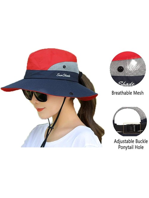 Sun Hats Women's Summer Sun UV Protection Hat Foldable Wide Brim Boonie Hats with Ponytail Hole - Red / Navy - CL18T2CO065 $1...