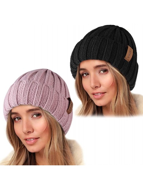 Skullies & Beanies Knit Beanie Hats for Women Men Double Layer Fleece Lined Chunky Winter Hat - Z-black/ Lotus Pink 2pcs - CM...