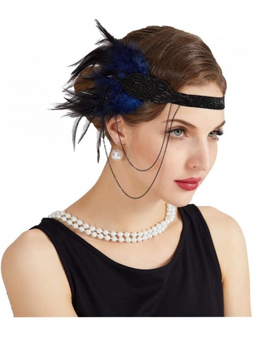 Headbands 1920s Flapper Vintage Feather Chain Gatsby Beaded Headpiece - Blue - CJ18KWTLZ05 $12.38