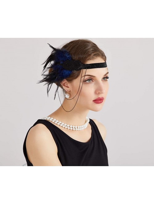 Headbands 1920s Flapper Vintage Feather Chain Gatsby Beaded Headpiece - Blue - CJ18KWTLZ05 $12.38