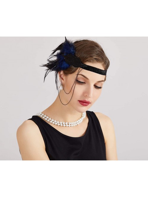 Headbands 1920s Flapper Vintage Feather Chain Gatsby Beaded Headpiece - Blue - CJ18KWTLZ05 $12.38