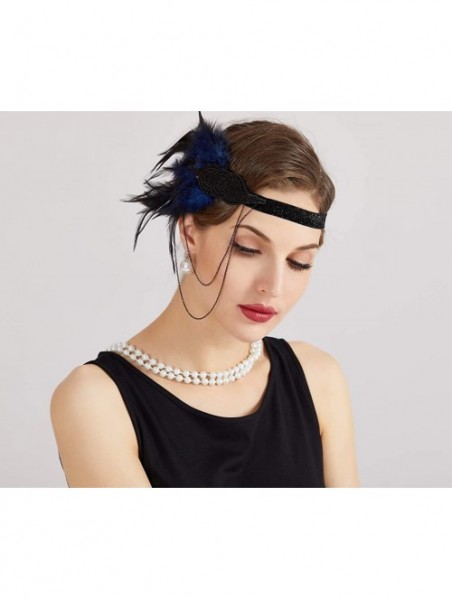 Headbands 1920s Flapper Vintage Feather Chain Gatsby Beaded Headpiece - Blue - CJ18KWTLZ05 $12.38