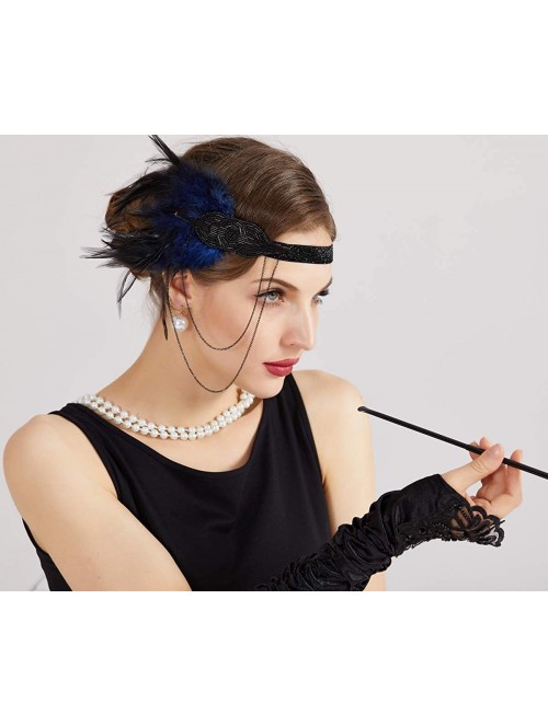 Headbands 1920s Flapper Vintage Feather Chain Gatsby Beaded Headpiece - Blue - CJ18KWTLZ05 $12.38