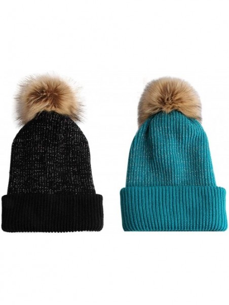 Skullies & Beanies Slouchy Faux Fur Pom Beanie Hats with Metallic Knitted Style for Extra Warmth and Comfort - Black/Teal - C...