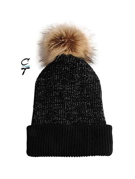 Skullies & Beanies Slouchy Faux Fur Pom Beanie Hats with Metallic Knitted Style for Extra Warmth and Comfort - Black/Teal - C...