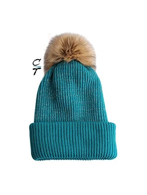 Skullies & Beanies Slouchy Faux Fur Pom Beanie Hats with Metallic Knitted Style for Extra Warmth and Comfort - Black/Teal - C...