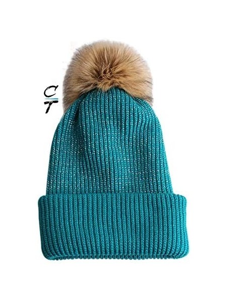 Skullies & Beanies Slouchy Faux Fur Pom Beanie Hats with Metallic Knitted Style for Extra Warmth and Comfort - Black/Teal - C...