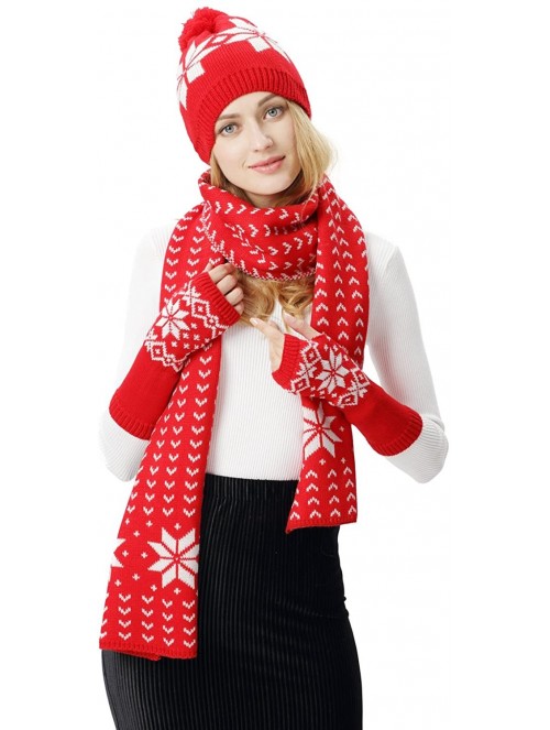 Skullies & Beanies Women Scarf & Glove Set- Knitted Snowflake Detail & Matching Beanie Cap - Red - CY120G8N851 $23.45