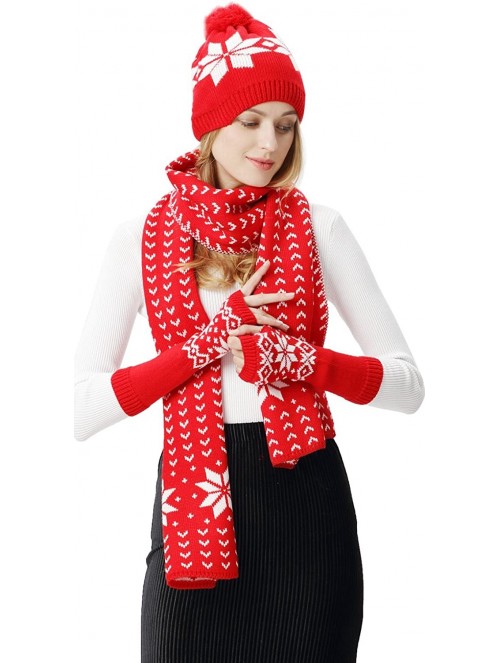 Skullies & Beanies Women Scarf & Glove Set- Knitted Snowflake Detail & Matching Beanie Cap - Red - CY120G8N851 $23.45