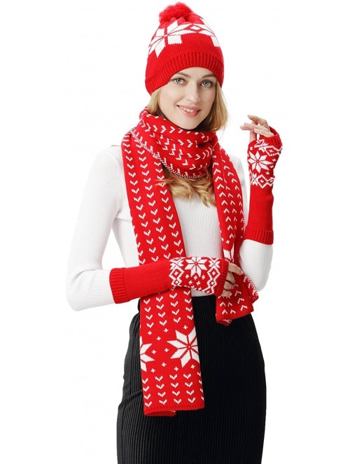 Skullies & Beanies Women Scarf & Glove Set- Knitted Snowflake Detail & Matching Beanie Cap - Red - CY120G8N851 $23.45