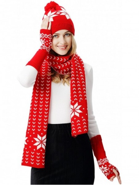 Skullies & Beanies Women Scarf & Glove Set- Knitted Snowflake Detail & Matching Beanie Cap - Red - CY120G8N851 $23.45