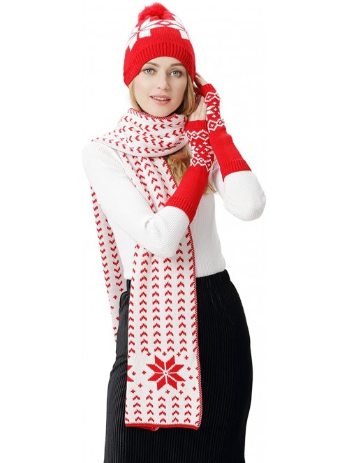 Skullies & Beanies Women Scarf & Glove Set- Knitted Snowflake Detail & Matching Beanie Cap - Red - CY120G8N851 $23.45