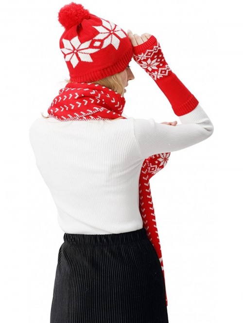 Skullies & Beanies Women Scarf & Glove Set- Knitted Snowflake Detail & Matching Beanie Cap - Red - CY120G8N851 $23.45