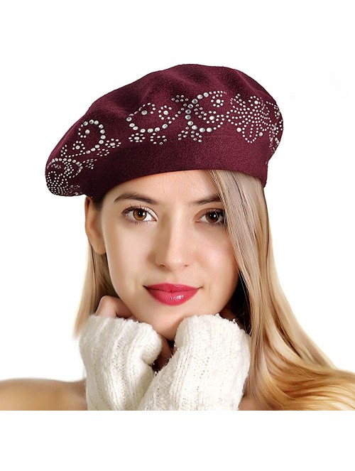 Berets Beret Hats for Women Rhinestones 2 Layers Wool French Hat Lady Winter Black Red - Burgandy - CI187L07A0Y $24.00