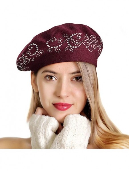 Berets Beret Hats for Women Rhinestones 2 Layers Wool French Hat Lady Winter Black Red - Burgandy - CI187L07A0Y $24.00