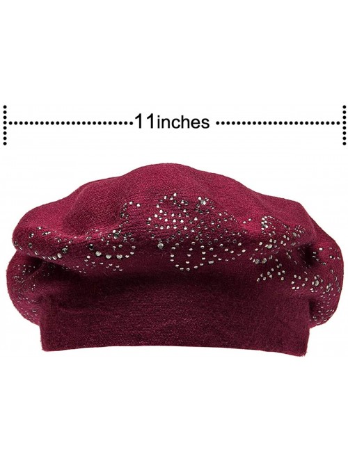 Berets Beret Hats for Women Rhinestones 2 Layers Wool French Hat Lady Winter Black Red - Burgandy - CI187L07A0Y $24.00