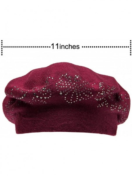 Berets Beret Hats for Women Rhinestones 2 Layers Wool French Hat Lady Winter Black Red - Burgandy - CI187L07A0Y $24.00