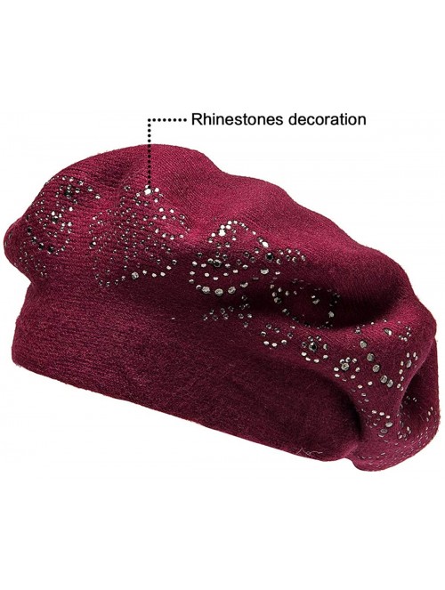 Berets Beret Hats for Women Rhinestones 2 Layers Wool French Hat Lady Winter Black Red - Burgandy - CI187L07A0Y $24.00