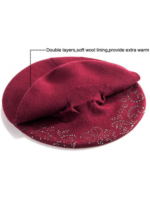 Berets Beret Hats for Women Rhinestones 2 Layers Wool French Hat Lady Winter Black Red - Burgandy - CI187L07A0Y $24.00