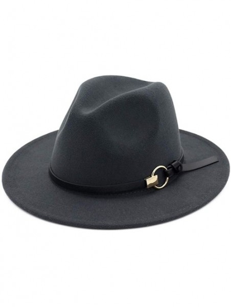 Fedoras Dantiya Men & Women Vintage Wide Brim Felt Fedora Hat Wide Brim Panama Hats with Belt Metal Buckle - Dark Grey - CH18...