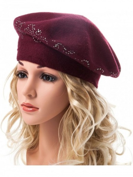 Berets Beret Hats for Women Rhinestones 2 Layers Wool French Hat Lady Winter Black Red - Burgandy - CI187L07A0Y $24.00