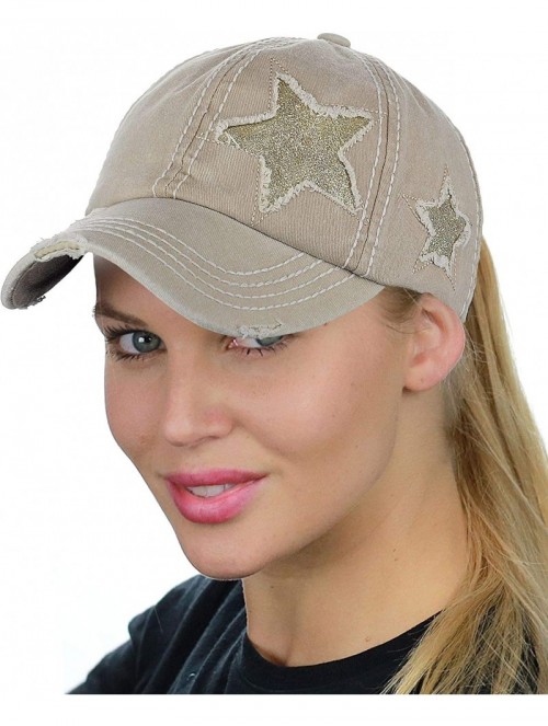 Baseball Caps Ponycap Messy High Bun Ponytail Adjustable Glitter Star Distressed Baseball Cap Hat - Beige - C818ROMUH4Y $20.96