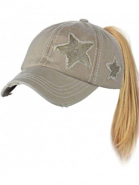 Baseball Caps Ponycap Messy High Bun Ponytail Adjustable Glitter Star Distressed Baseball Cap Hat - Beige - C818ROMUH4Y $20.96