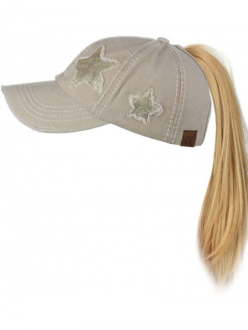 Baseball Caps Ponycap Messy High Bun Ponytail Adjustable Glitter Star Distressed Baseball Cap Hat - Beige - C818ROMUH4Y $20.96