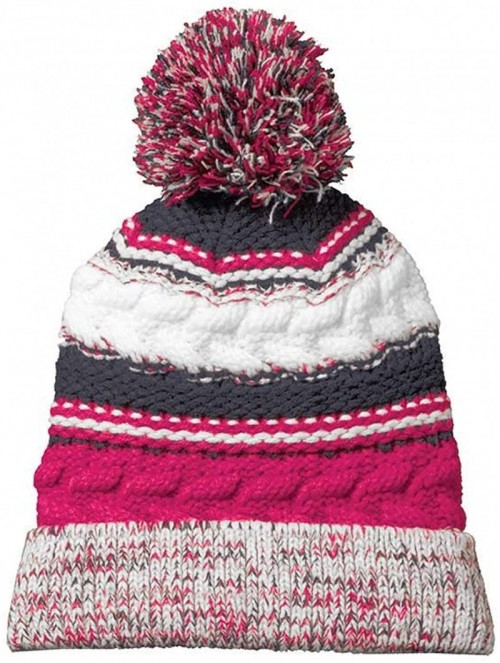 Skullies & Beanies Women's Ridiculously Soft Chunky Knit Pom-Pom Beanie - Raspberry/Grey/White - CY18KK2AZ5E $13.30