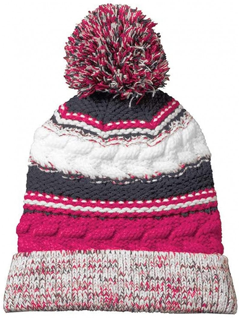 Skullies & Beanies Women's Ridiculously Soft Chunky Knit Pom-Pom Beanie - Raspberry/Grey/White - CY18KK2AZ5E $13.30