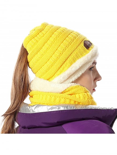 Skullies & Beanies Ponytail Beanie Knit Infinity Scarf Set Womens/Girls Fuzzy Lined Messy High Bun Cap Circle Scarves - Yello...