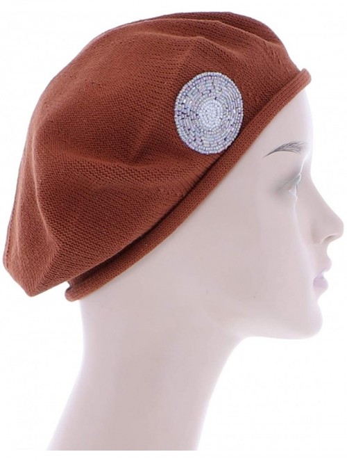 Berets Beaded Lavender Circle on Beret for Women 100% Cotton - Brown - CJ18R52M9QL $22.00