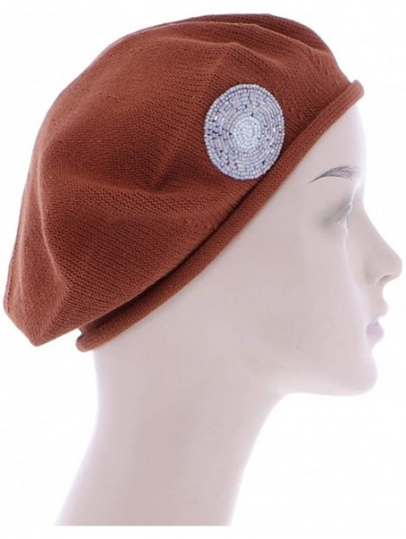 Berets Beaded Lavender Circle on Beret for Women 100% Cotton - Brown - CJ18R52M9QL $22.00