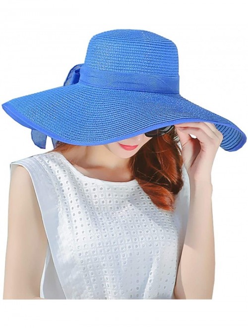 Sun Hats Women's Floppy Big Brim Hat Bowknot Straw Hat Foldable Roll up Sun Hat UPF 50+ - Royal Blue - CY18QD2QYHR $23.22