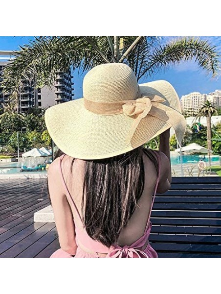 Sun Hats Women's Floppy Big Brim Hat Bowknot Straw Hat Foldable Roll up Sun Hat UPF 50+ - Royal Blue - CY18QD2QYHR $23.22