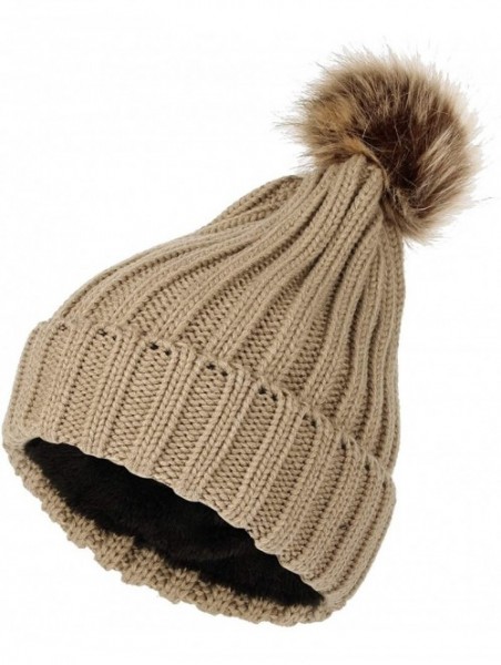 Skullies & Beanies Trendy Ribbed Knitted Fur Pom Pom Beanie Hat Slouchy CR5146 - Brown - CB18LTAKTZA $17.00